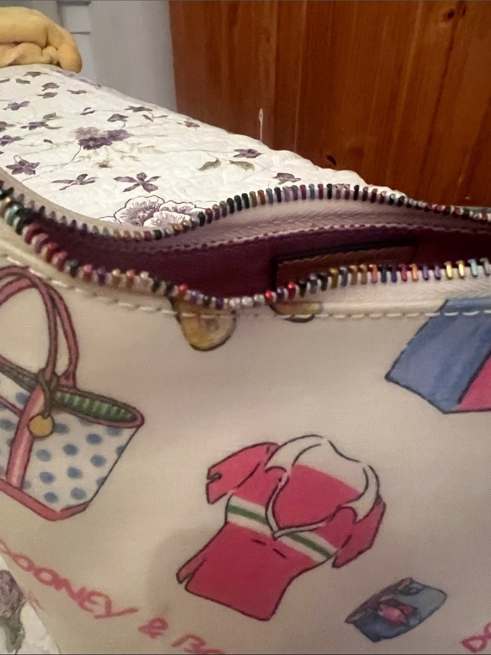 Dooney & Bourke Cream Shoulder Bag with Pink, Green & Blue Beach Print - Picture 5 of 10